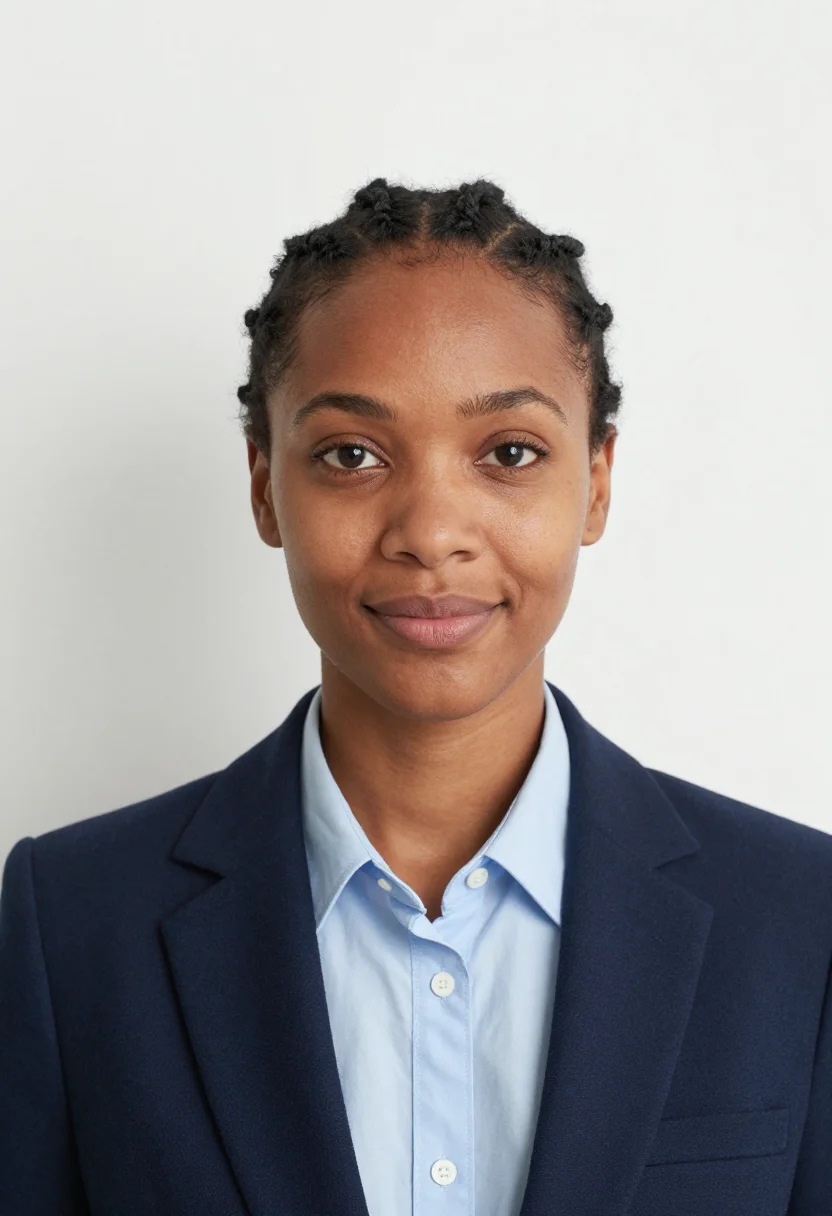 AI white backdrop headshot sample — a tight head-and-shoulders frame of a woman in her thirties