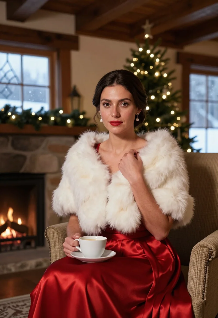 AI white christmas 1954 sample — portrait of a woman, close half-length seated portrait of a