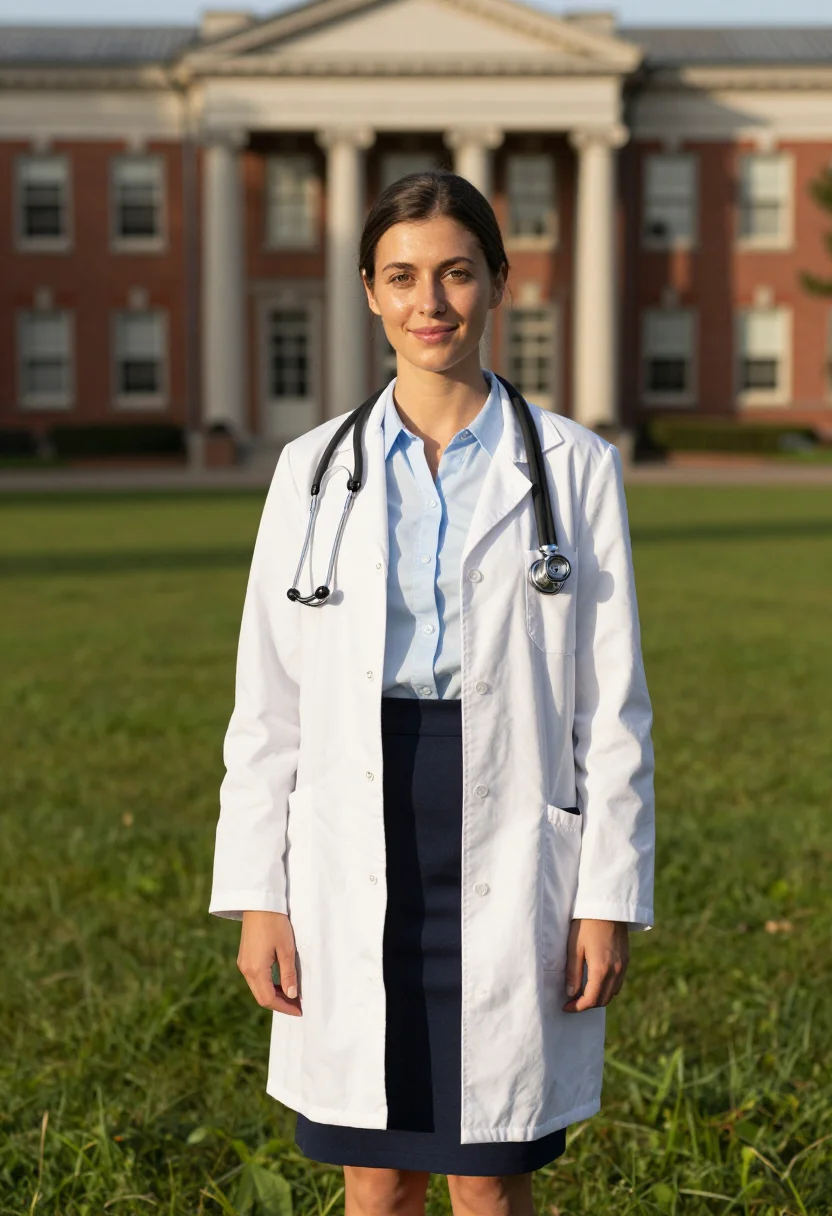 AI white coat ceremony sample — portrait of a woman, three-quarter-length portrait of a West
