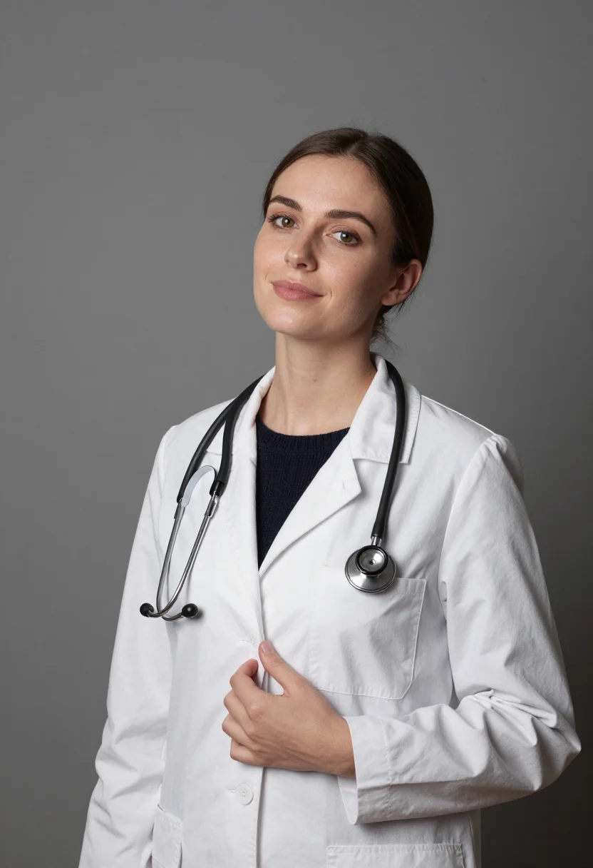 AI white coat ceremony sample — portrait of a woman, chest-up portrait of a Western-European