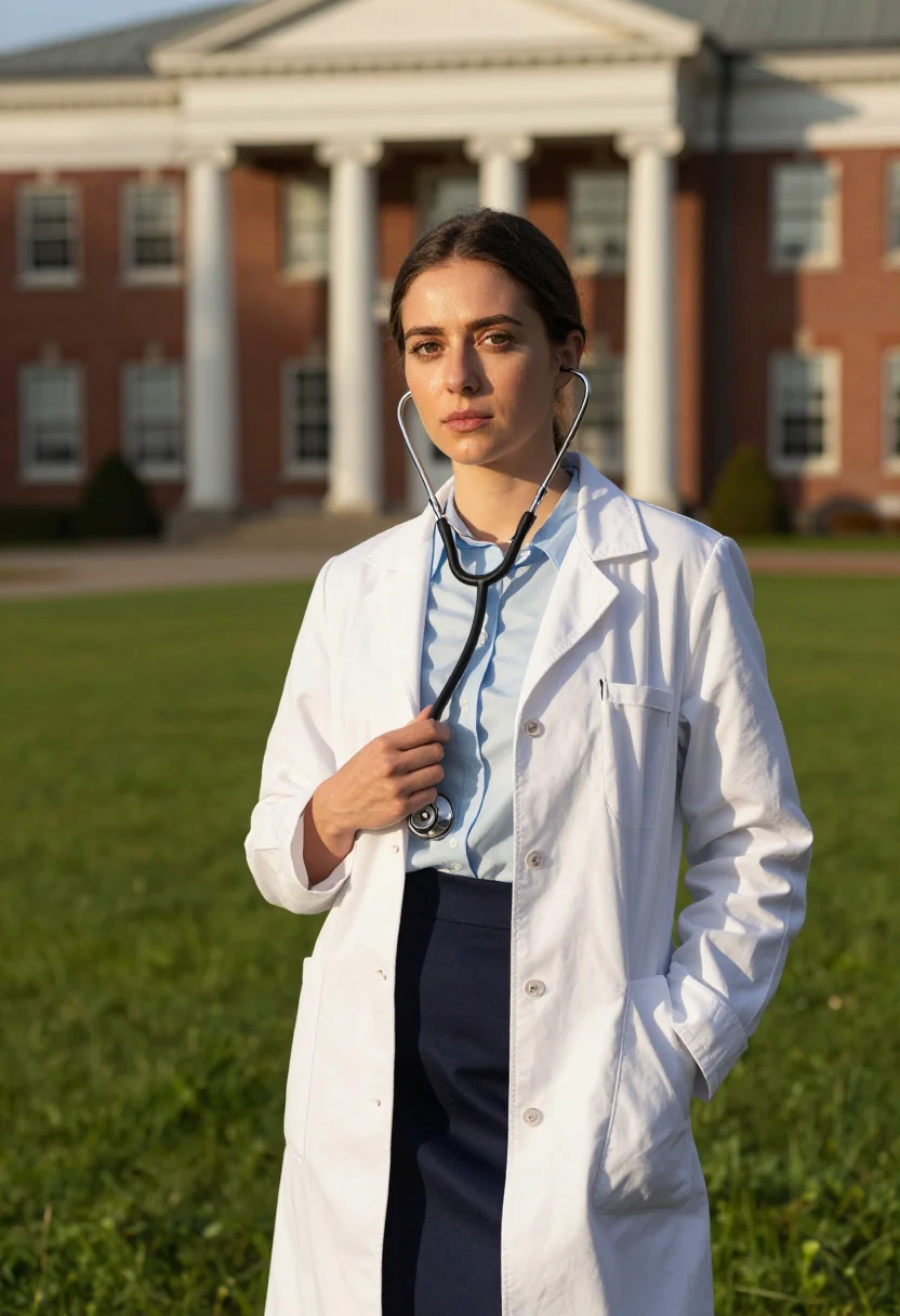 AI white coat ceremony sample — portrait of a woman, half-length portrait of a Western-Europ