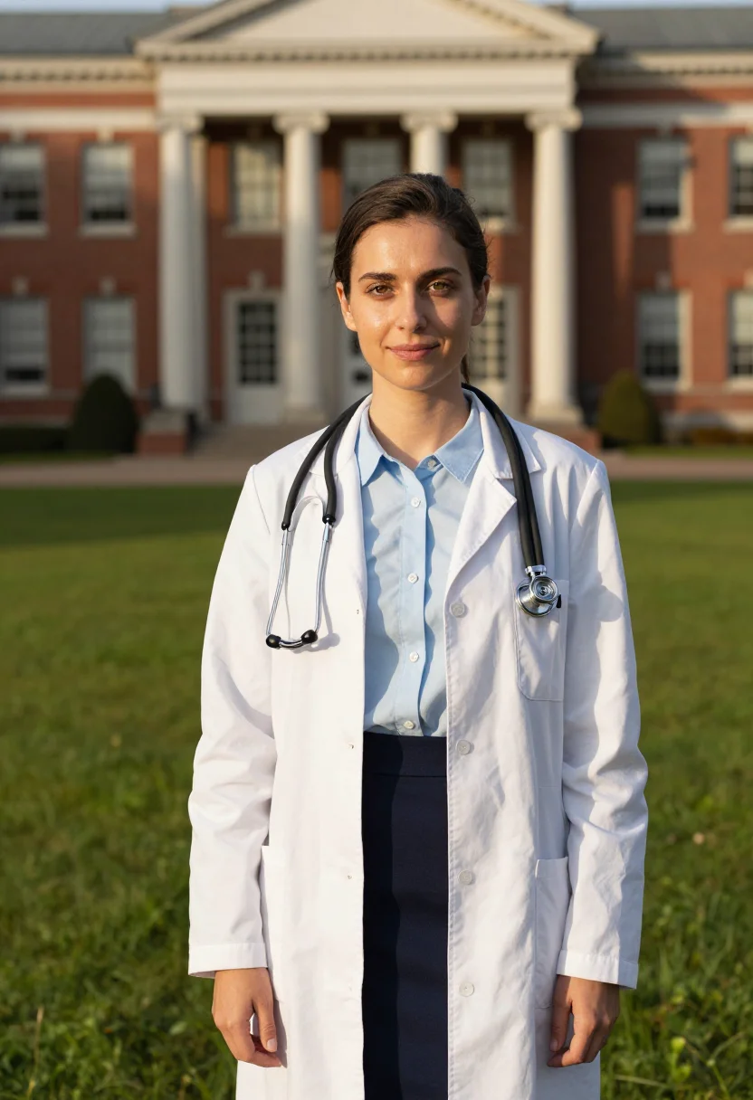 AI white coat ceremony sample — portrait of a woman, close half-length portrait of a Western