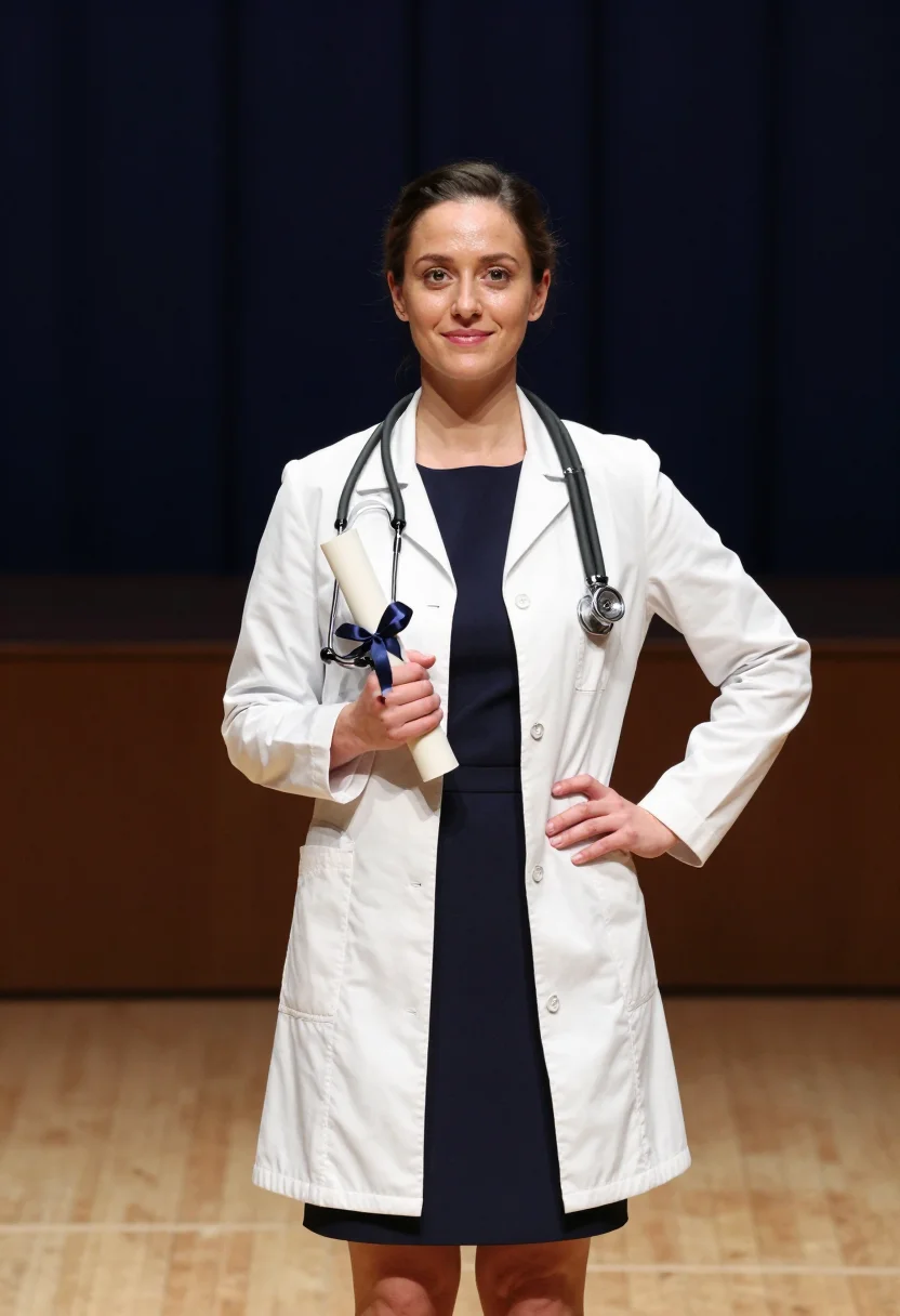 AI white coat ceremony sample — portrait of a woman, half-length portrait of a Western-Europ