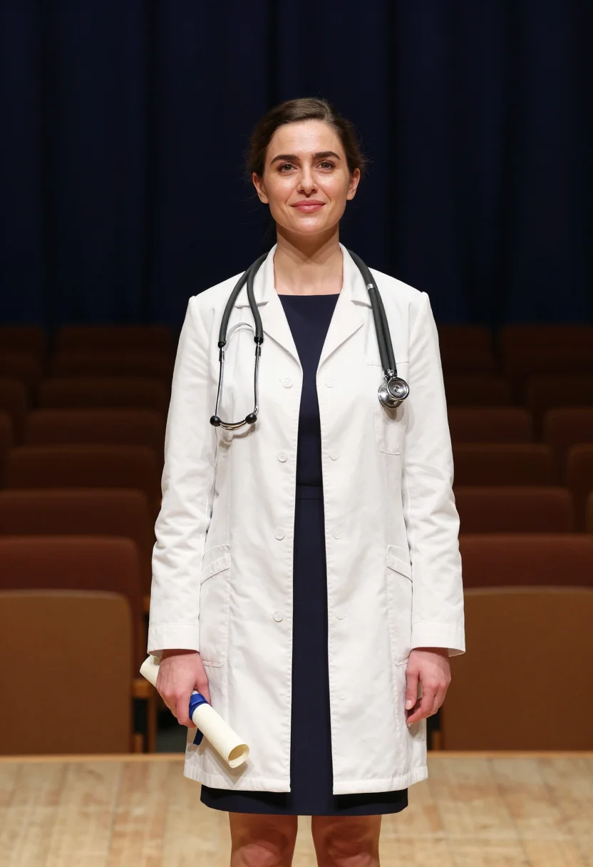 AI white coat ceremony sample — portrait of a woman, close half-length portrait of a Western