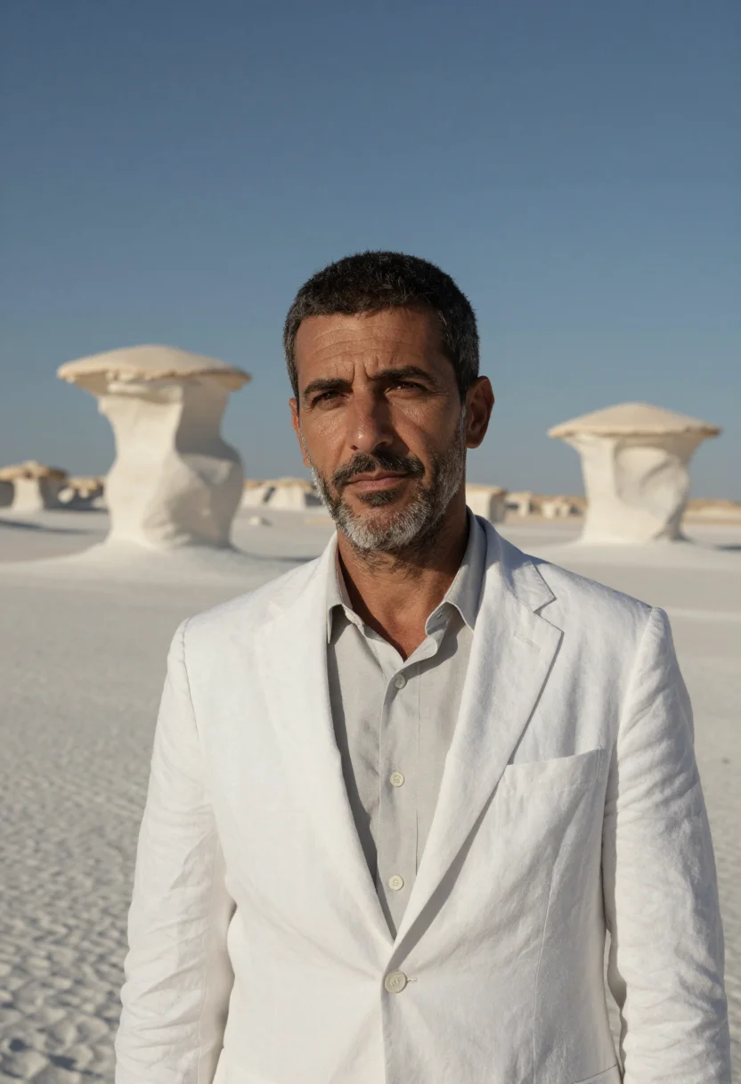 AI white desert geologist chalk white sample — portrait of a man, an Italian geologist in his late forties