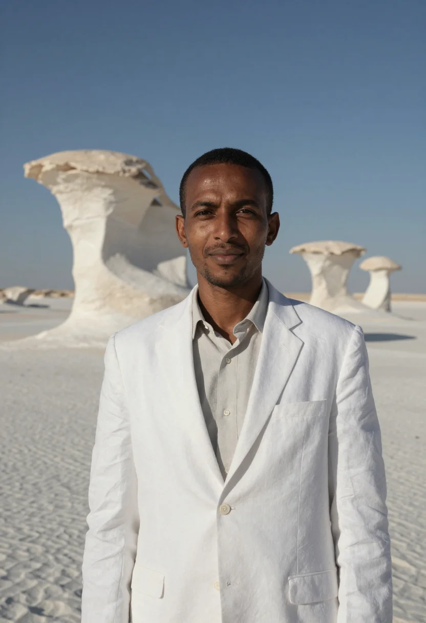AI white desert geologist chalk white sample — portrait of a man, a Sudanese geologist in his early forties