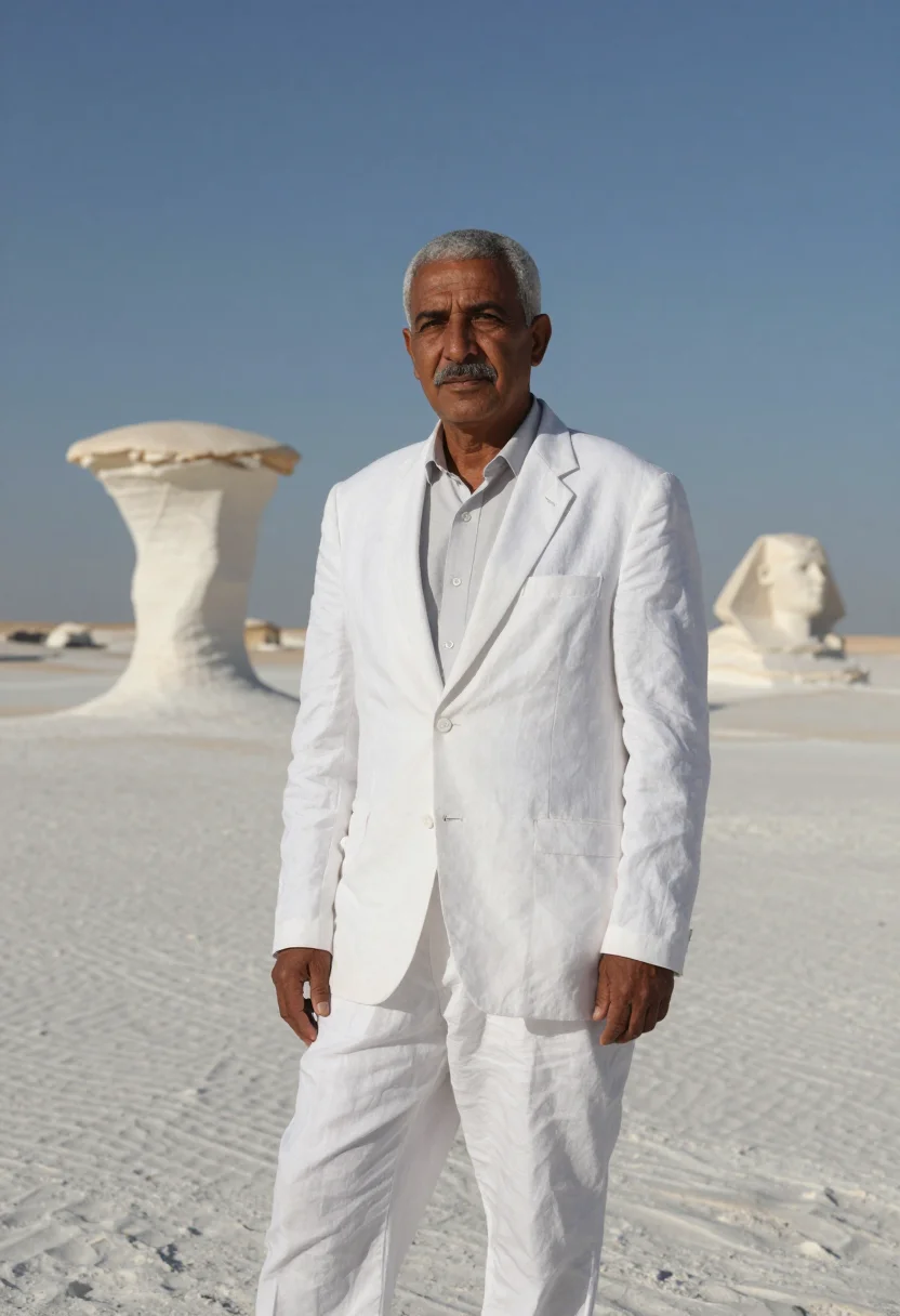 AI white desert geologist chalk white sample — portrait of a man, an Egyptian geologist in his late fifties