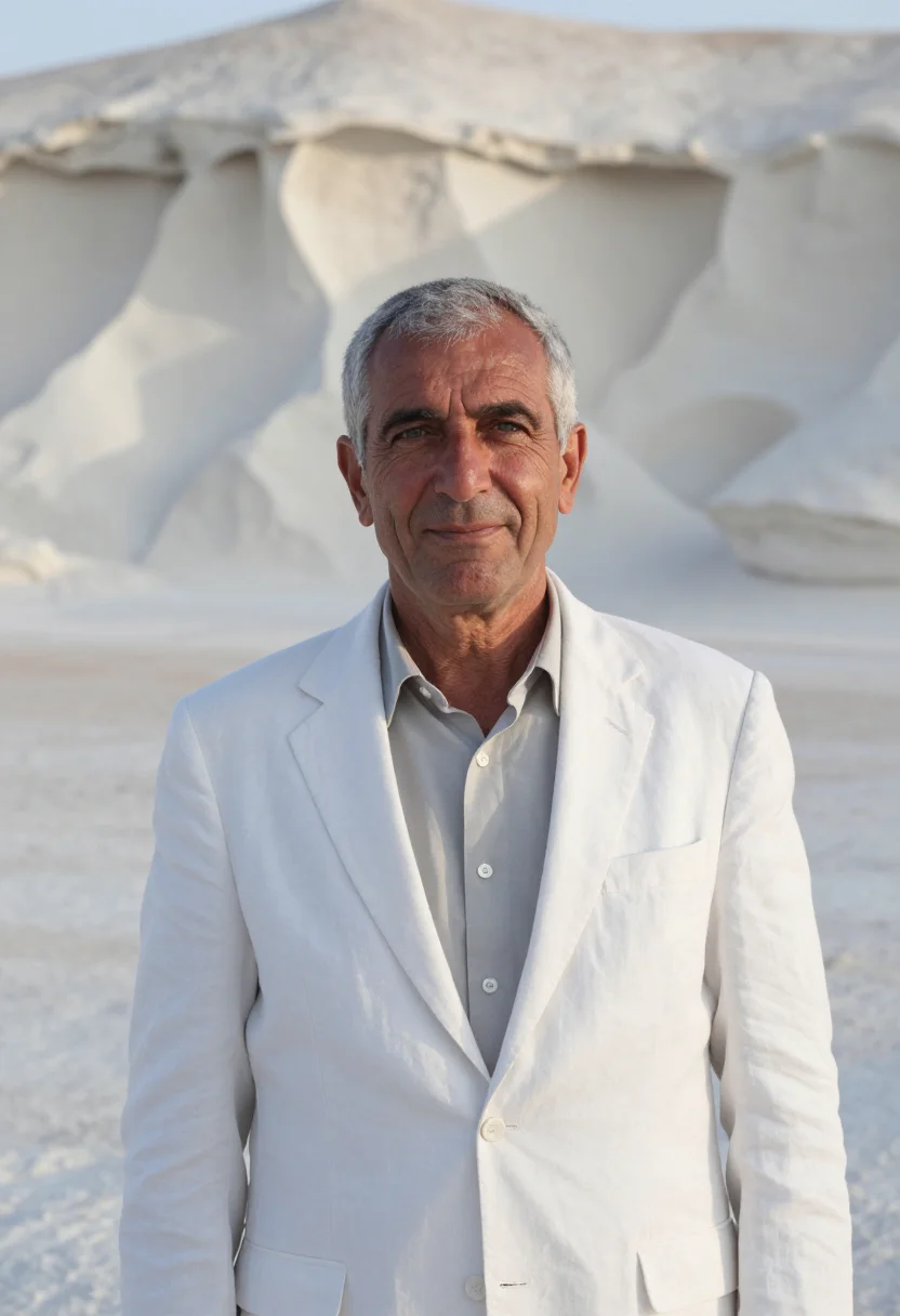 AI white desert geologist chalk white sample — portrait of a man, a Western-European geologist in his early