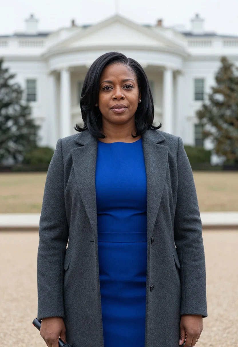 AI white house correspondent north lawn sample — portrait of a woman, framed chest-up, cropped at the ribs, t