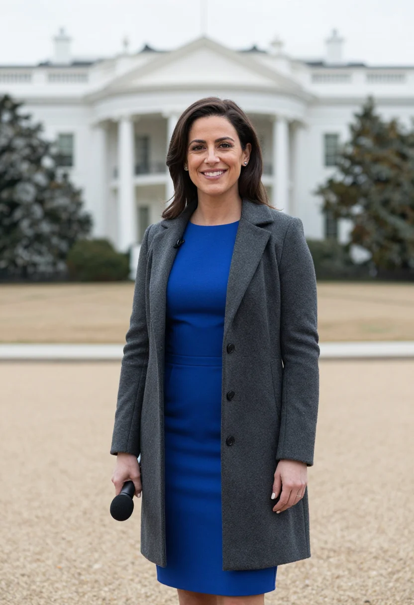 AI white house correspondent north lawn sample — portrait of a woman, framed half-length, cropped at the hips