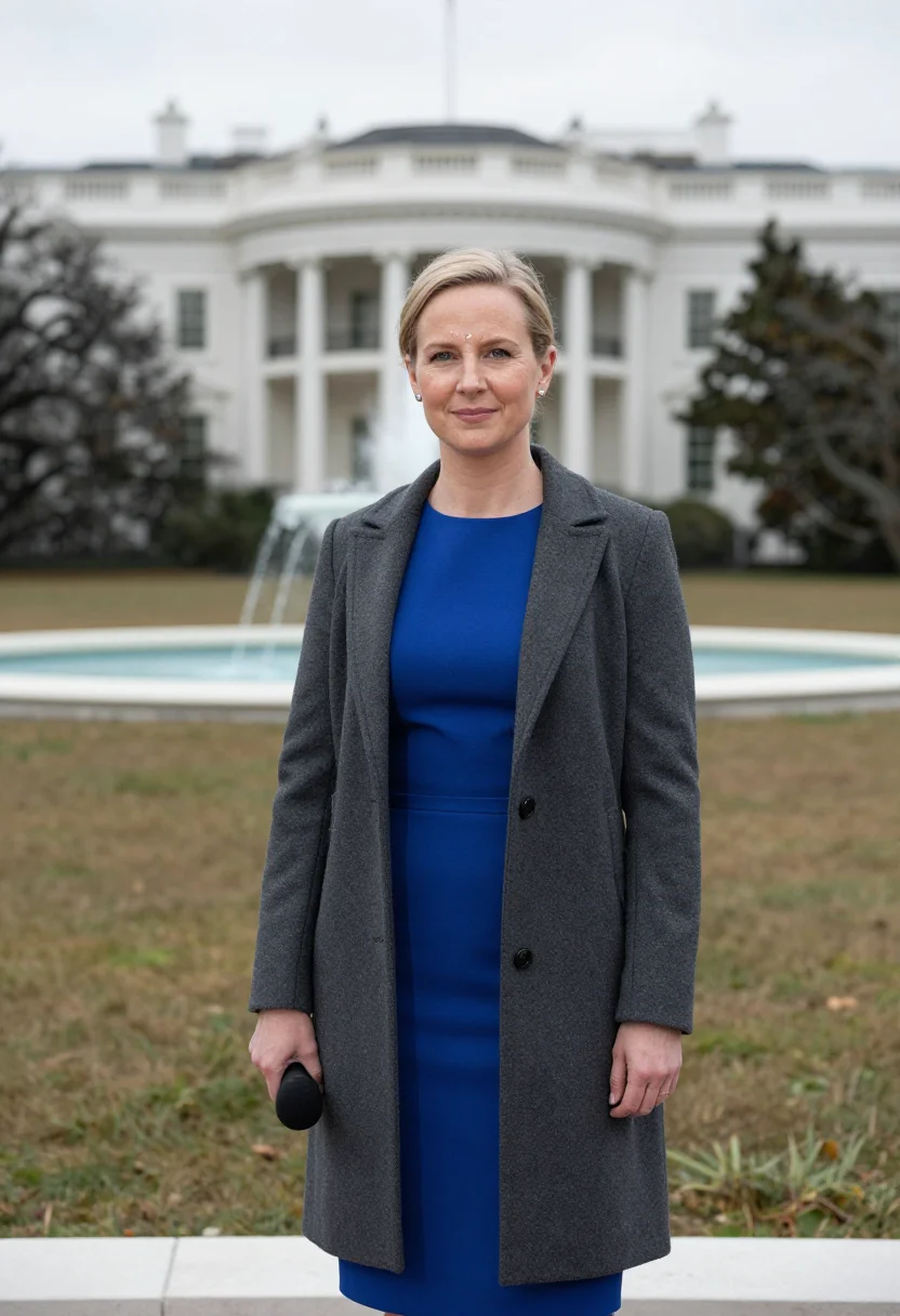 AI white house correspondent north lawn sample — portrait of a woman, framed half-length, cropped at the hips
