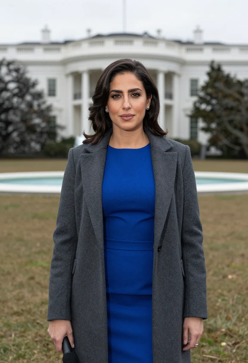 AI white house correspondent north lawn sample — portrait of a woman, framed chest-up, cropped at the ribs, t