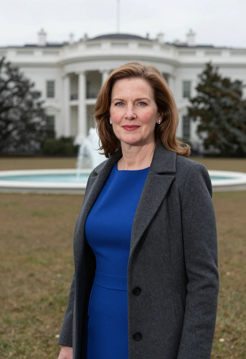 AI white house correspondent north lawn sample — portrait of a woman, framed tight, head and shoulders, the b