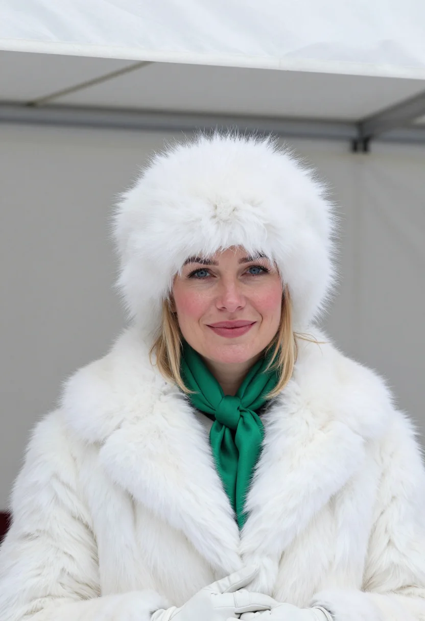 AI white turf st moritz emerald sample — portrait of a woman, framed tight, head and shoulders, the b