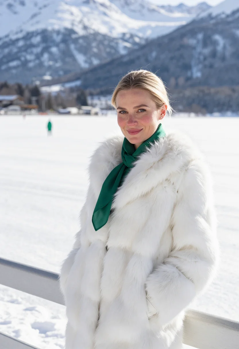 AI white turf st moritz emerald sample — portrait of a woman, framed chest-up, the crop at the lower