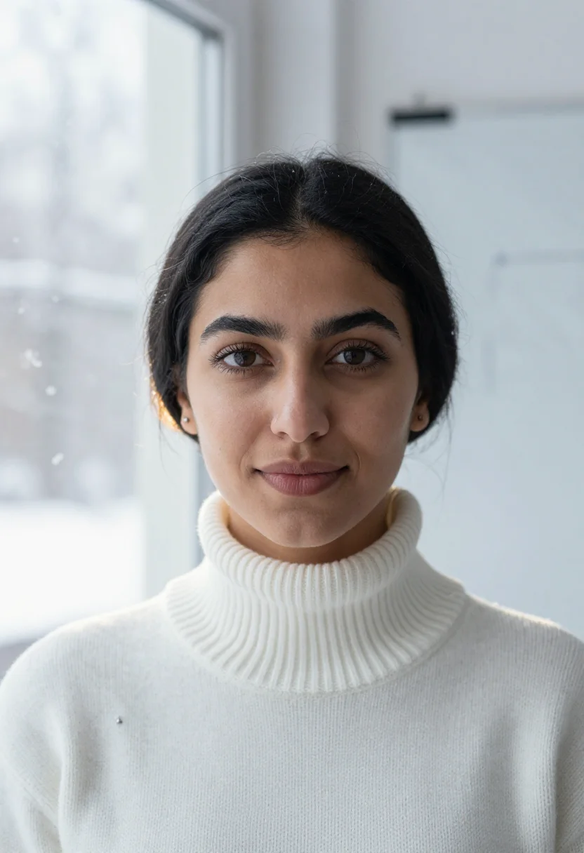 AI whiteboard winter white sample — portrait of a woman, framed tight, head and shoulders, the b
