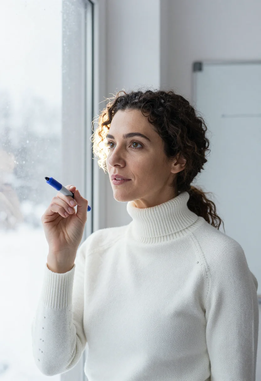 AI whiteboard winter white sample — portrait of a woman, framed chest-up, the crop stopping at t