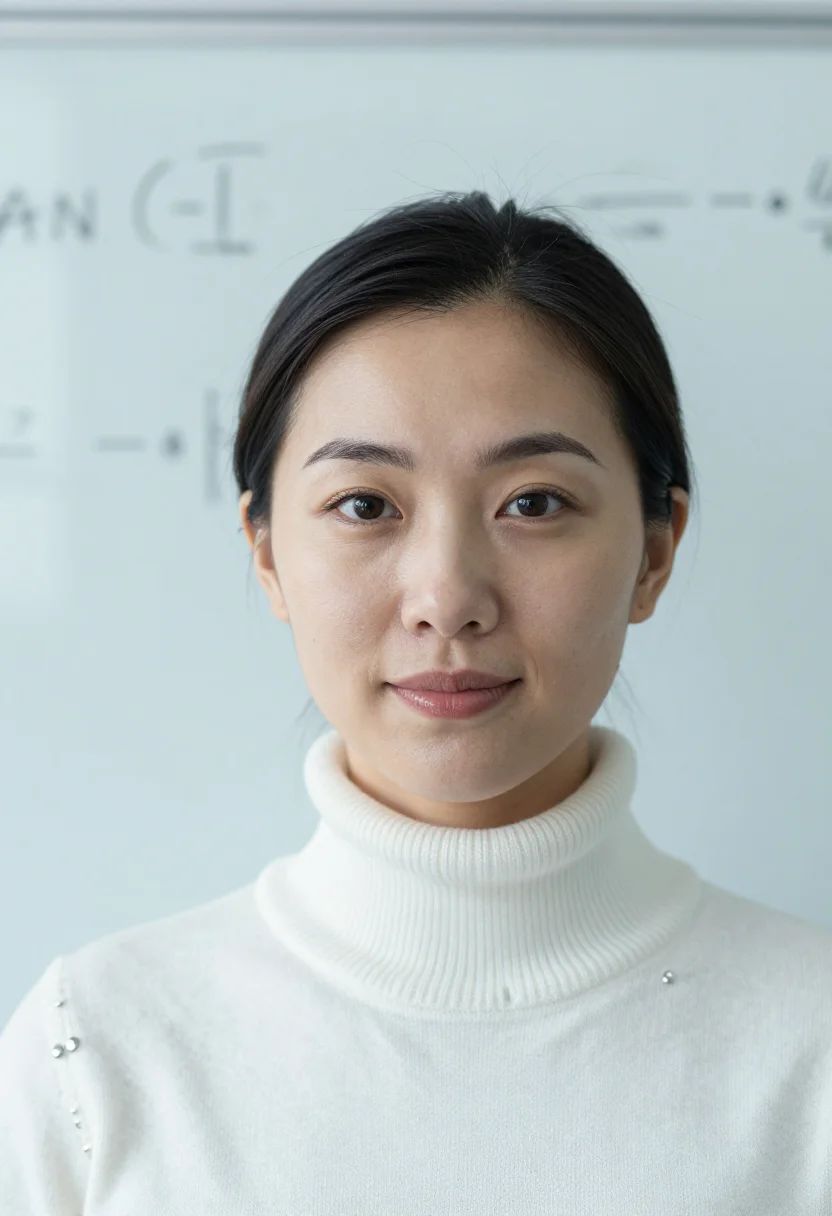 AI whiteboard winter white sample — portrait of a woman, framed tight, head and shoulders, the b