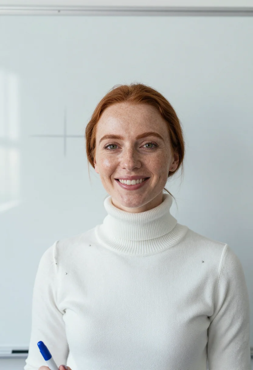 AI whiteboard winter white sample — portrait of a woman, framed chest-up, the crop stopping at t
