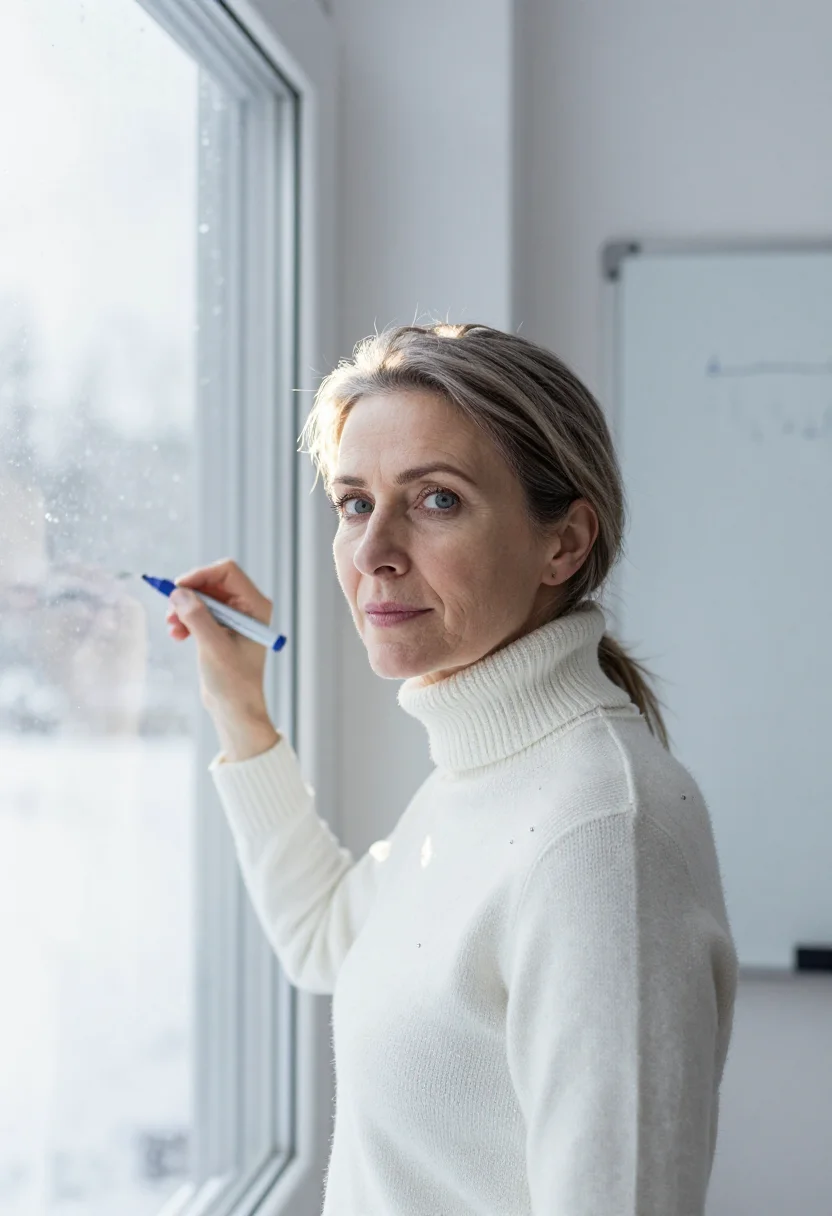 AI whiteboard winter white sample — portrait of a woman, framed chest-up from the ribs with room