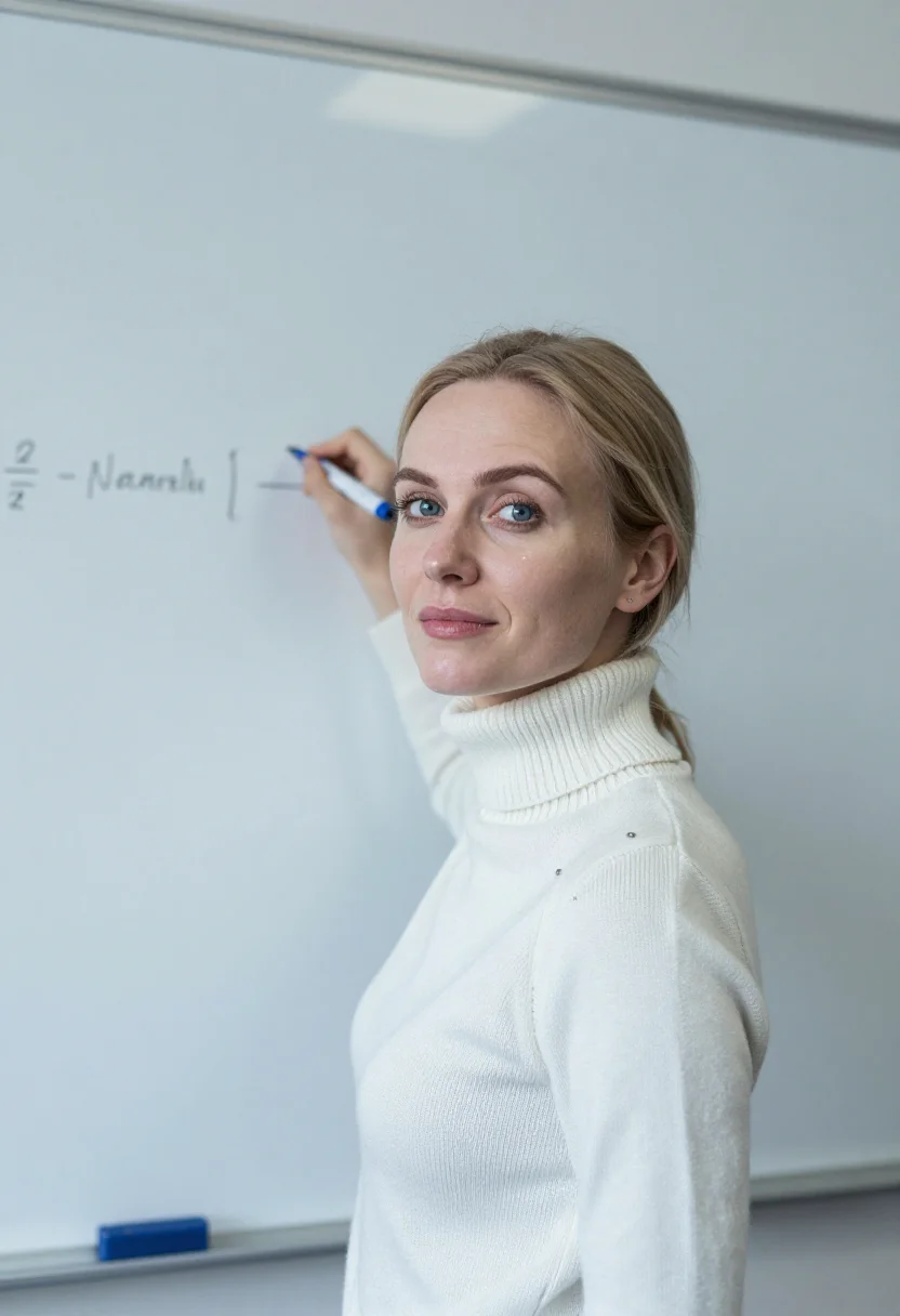 AI whiteboard winter white sample — portrait of a woman, framed chest-up from the ribs with room