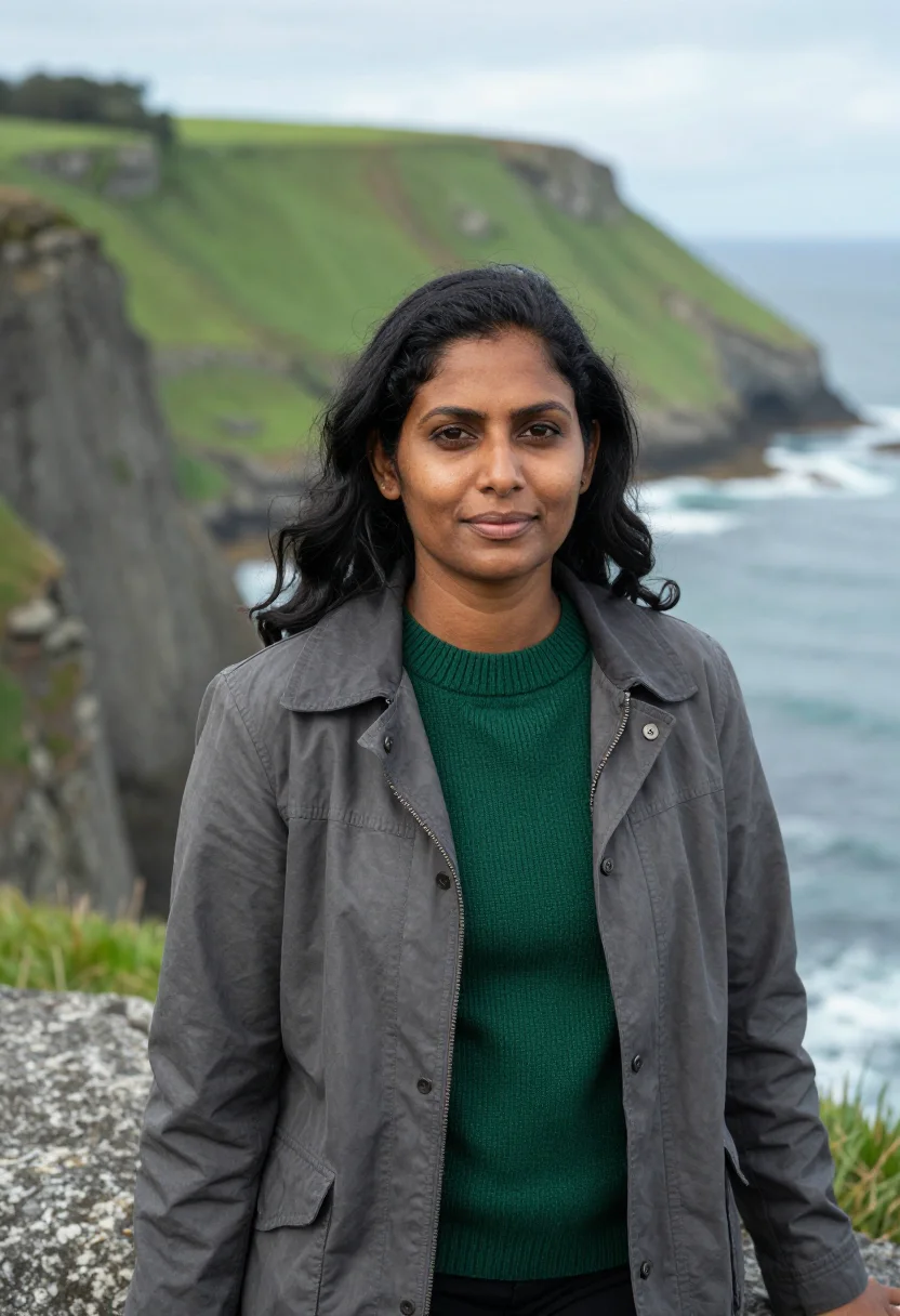 AI wild coast marine biologist hole in the wall grey green sample — portrait of a woman, an Indian South African marine biologis
