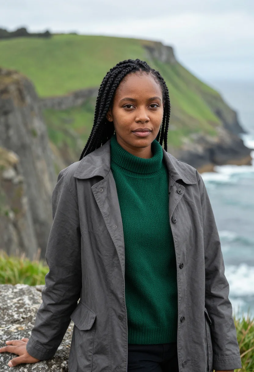 AI wild coast marine biologist hole in the wall grey green sample — portrait of a woman, a Xhosa marine biologist in her mid-twe