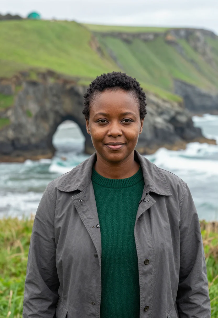 AI wild coast marine biologist hole in the wall grey green sample — portrait of a woman, a Xhosa marine biologist in her late tw
