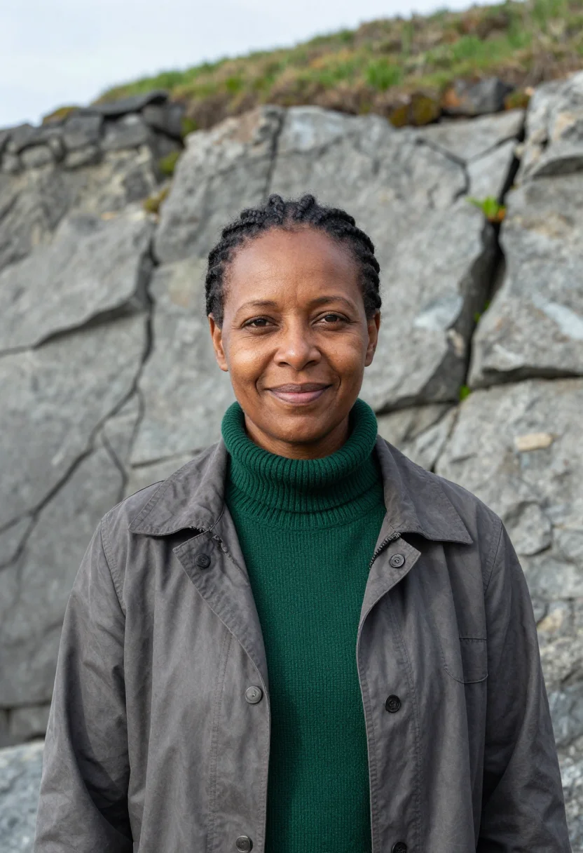 AI wild coast marine biologist hole in the wall grey green sample — portrait of a woman, a Xhosa marine biologist in her late fo