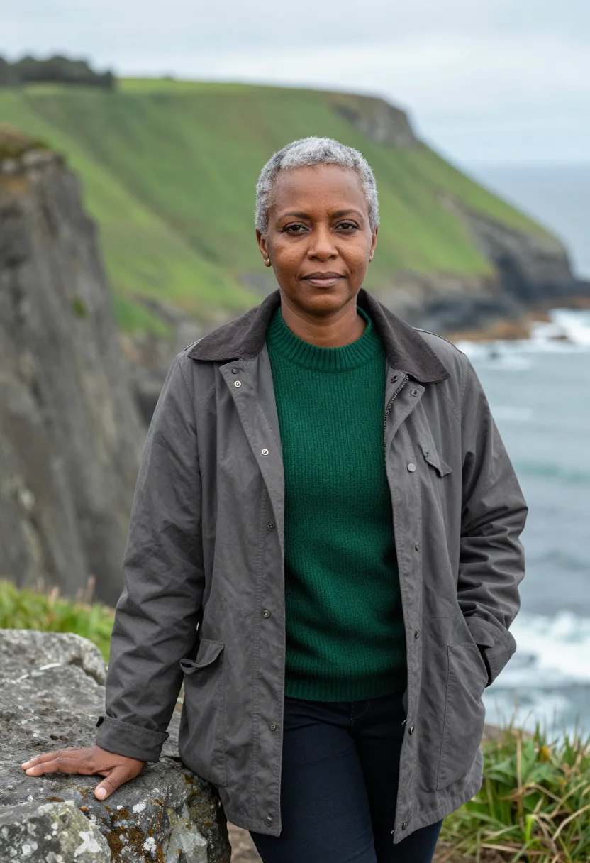 AI wild coast marine biologist hole in the wall grey green sample — portrait of a woman, a Xhosa marine biologist in her early f