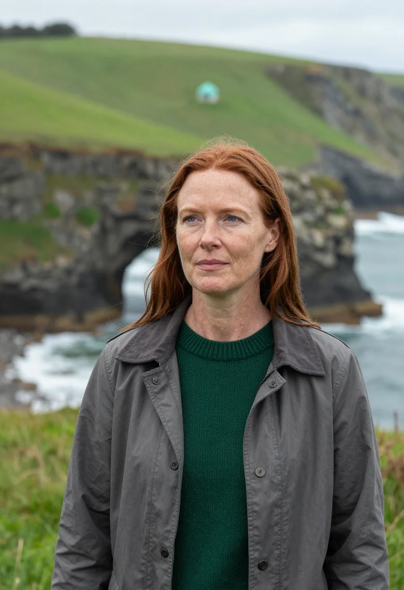 AI wild coast marine biologist hole in the wall grey green sample — portrait of a woman, an English-descended South African mari