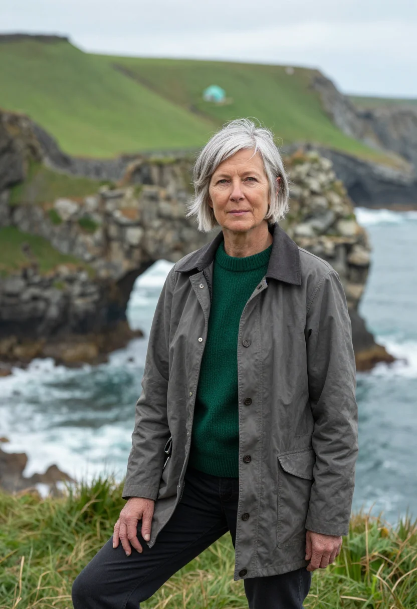 AI wild coast marine biologist hole in the wall grey green sample — portrait of a woman, a Western-European marine biologist in