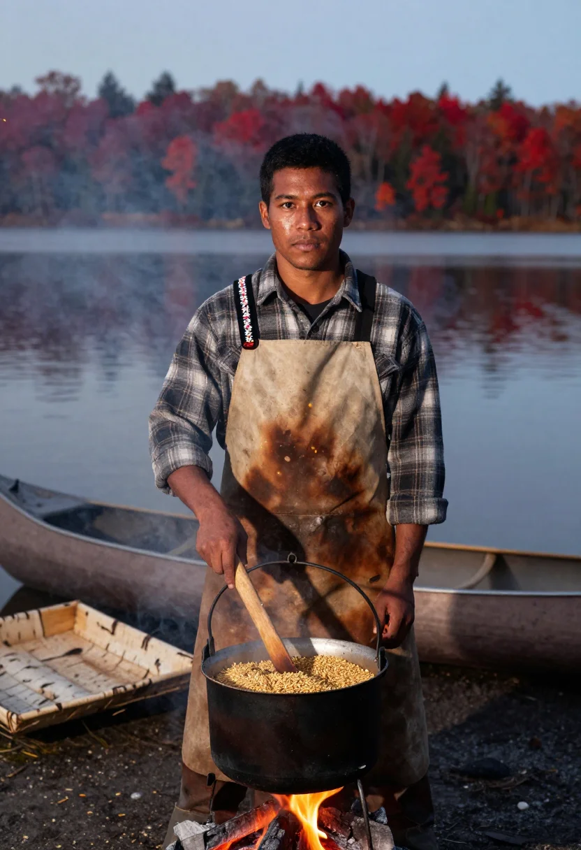 AI wild rice moon sample — portrait of a harvester, half-length portrait of an Anishina