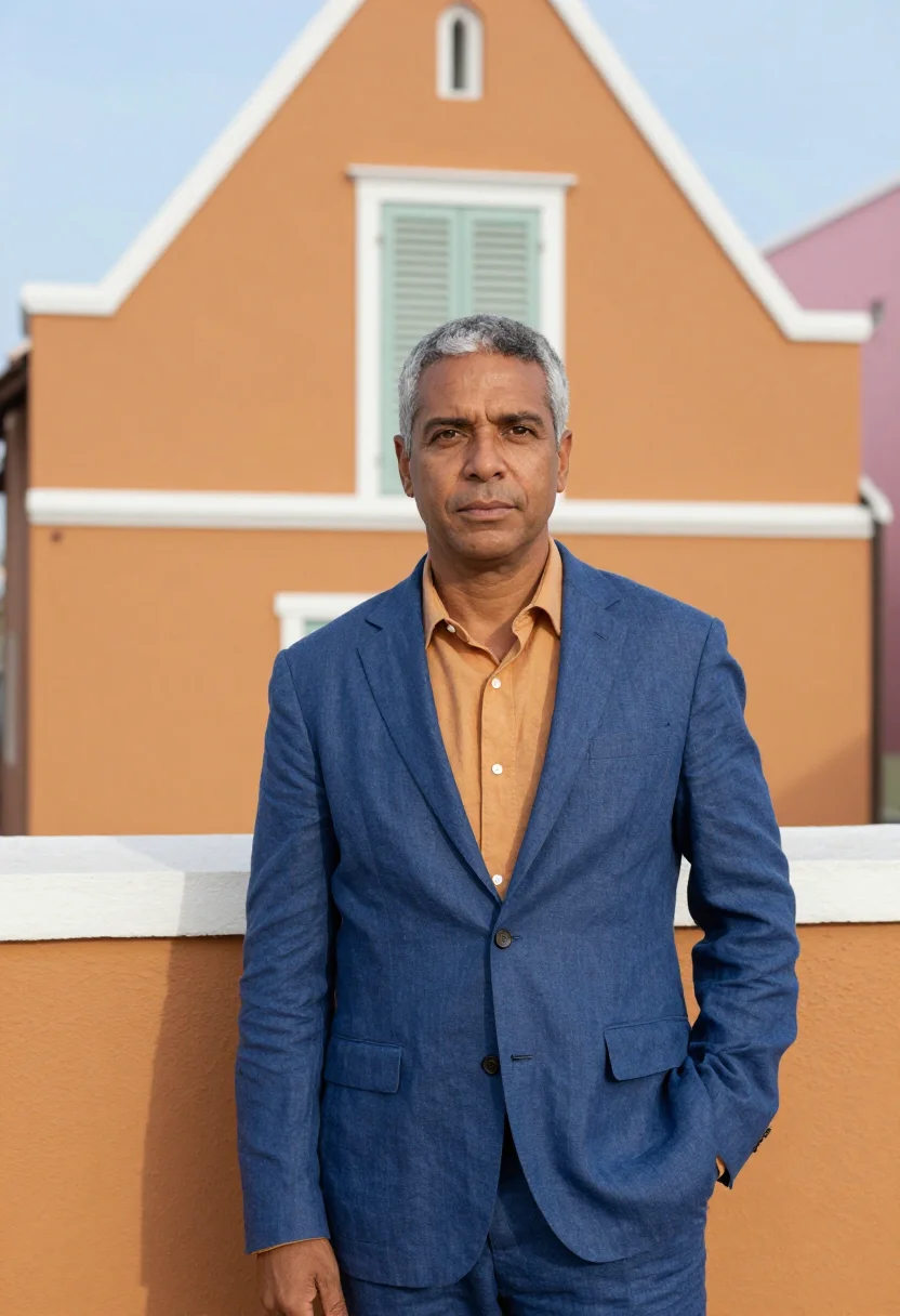 AI willemstad architect dutch caribbean palette sample — portrait of a man, a Curaçaoan architect in his early fiftie
