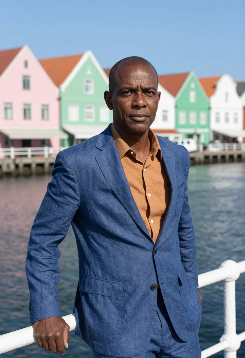 AI willemstad architect dutch caribbean palette sample — portrait of a man, an Afro-Curaçaoan architect in his late f