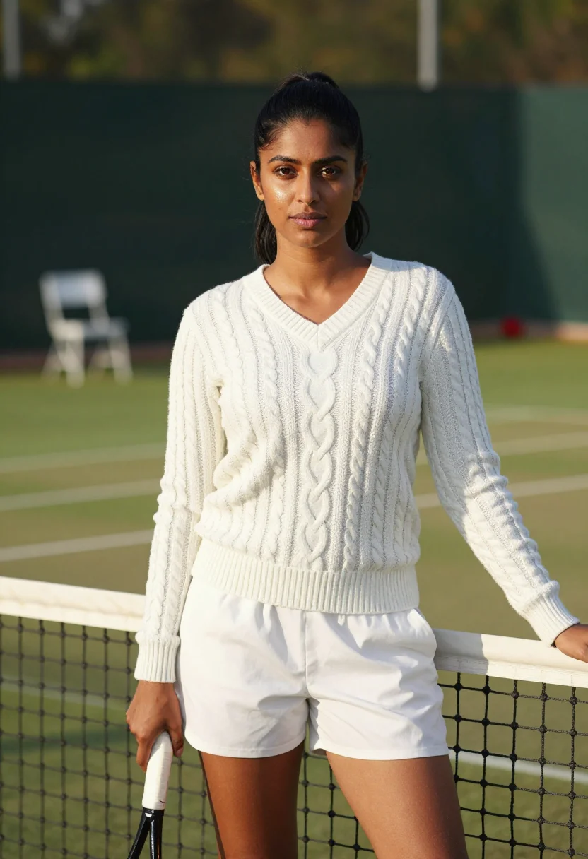 AI wimbledon whites sample — portrait of a woman, three-quarter-length portrait at chest
