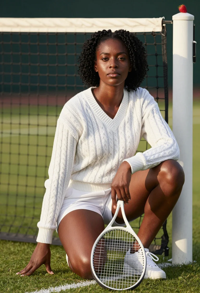AI wimbledon whites sample — portrait of a woman, close crouching portrait from the thigh