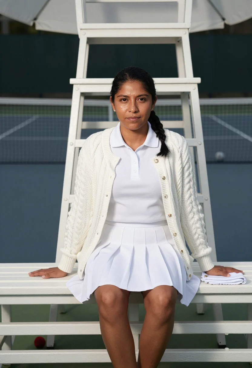 AI wimbledon whites sample — portrait of a woman, full-length seated portrait from hip he