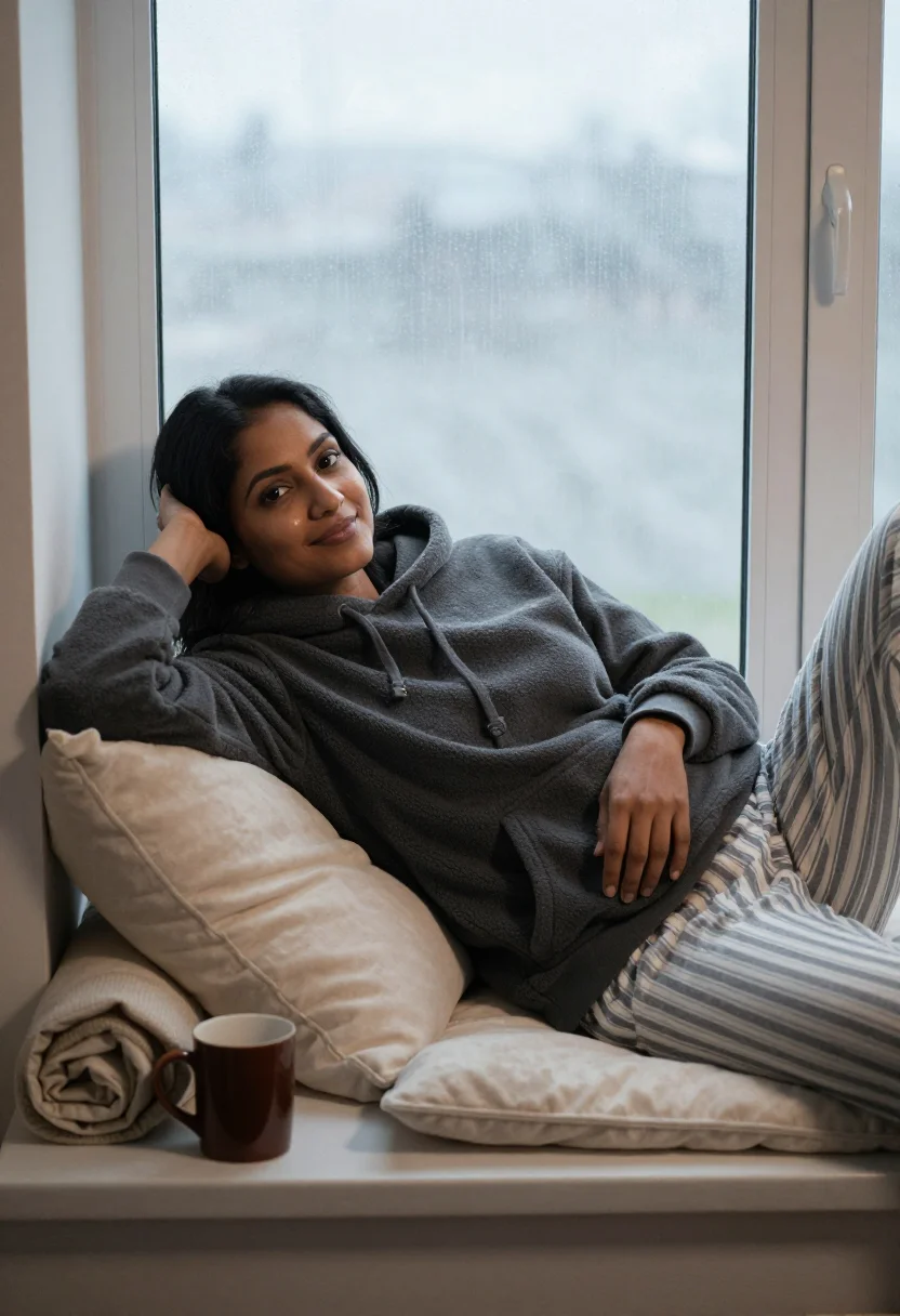 AI window seat rain sample — portrait of a woman, reclining half-length portrait of a Sou