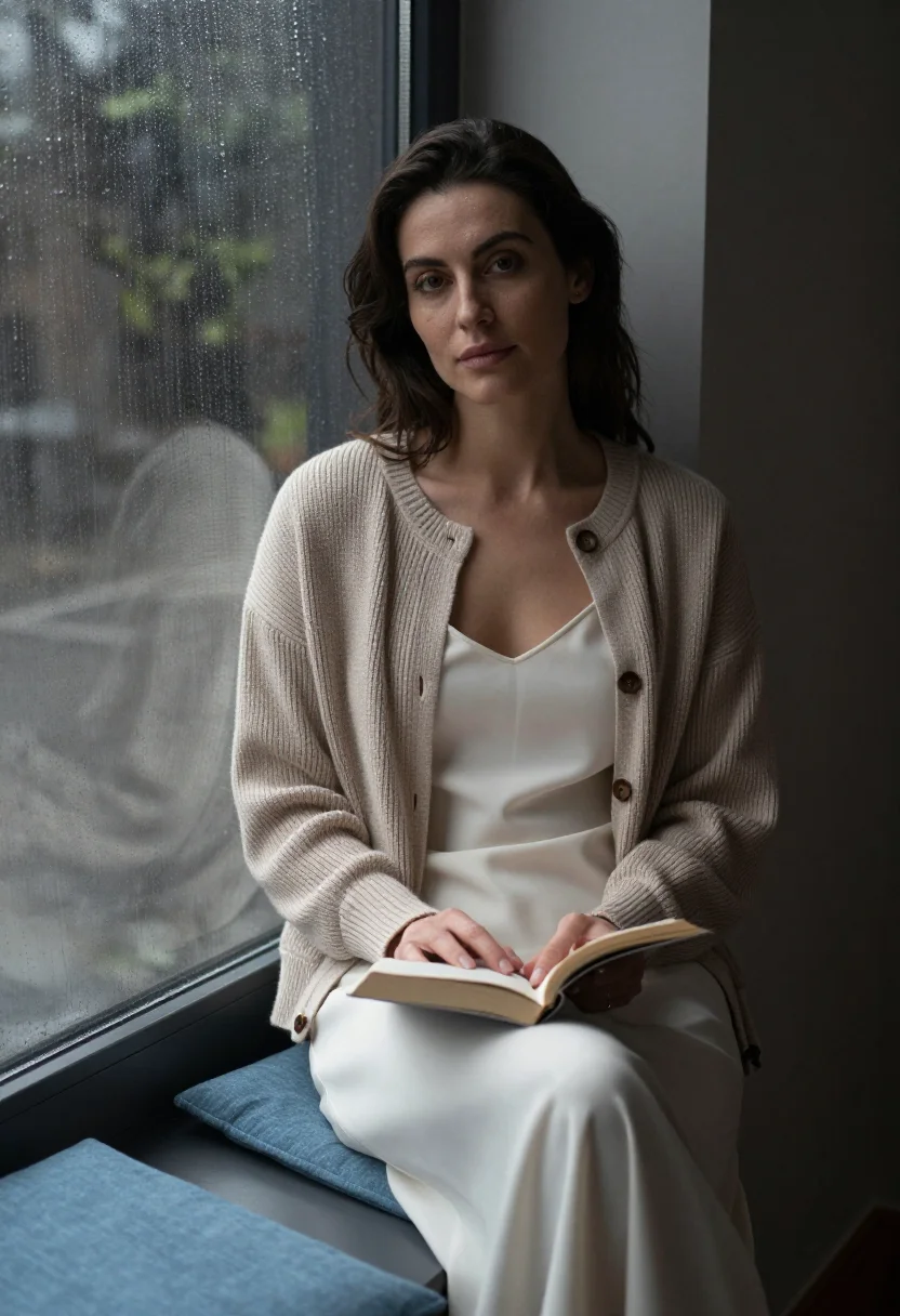 AI window seat rain sample — portrait of a woman, waist-up three-quarter portrait of a We