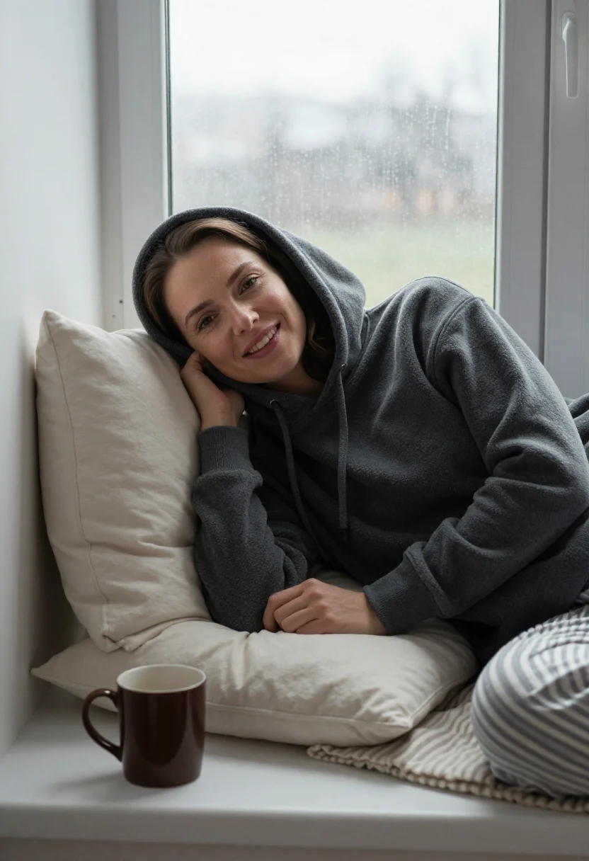 AI window seat rain sample — portrait of a woman, reclining chest-up portrait of a Wester