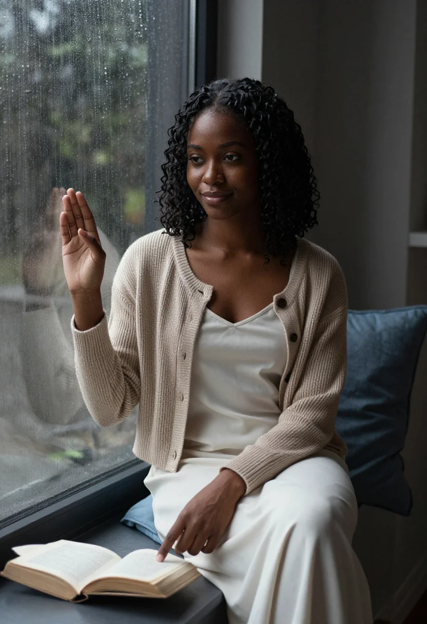 AI window seat rain sample — portrait of a woman, chest-up portrait of a Black woman in h