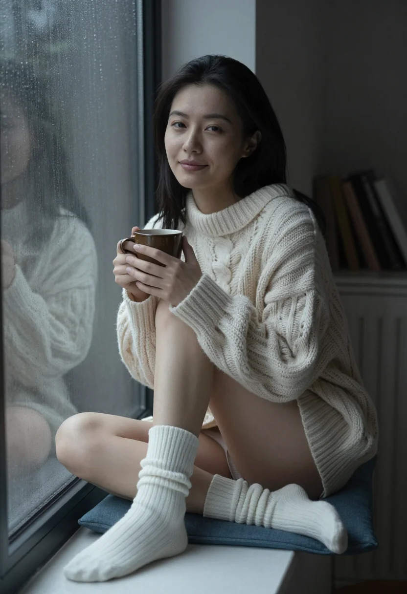 AI window seat rain sample — portrait of a woman, hip-up three-quarter portrait of an Eas