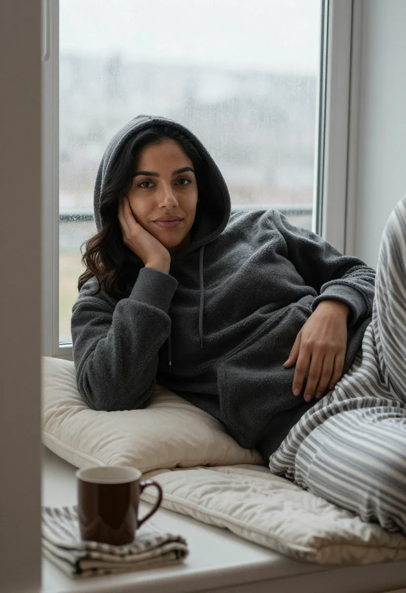 AI window seat rain sample — portrait of a woman, reclining half-length portrait of a Lat