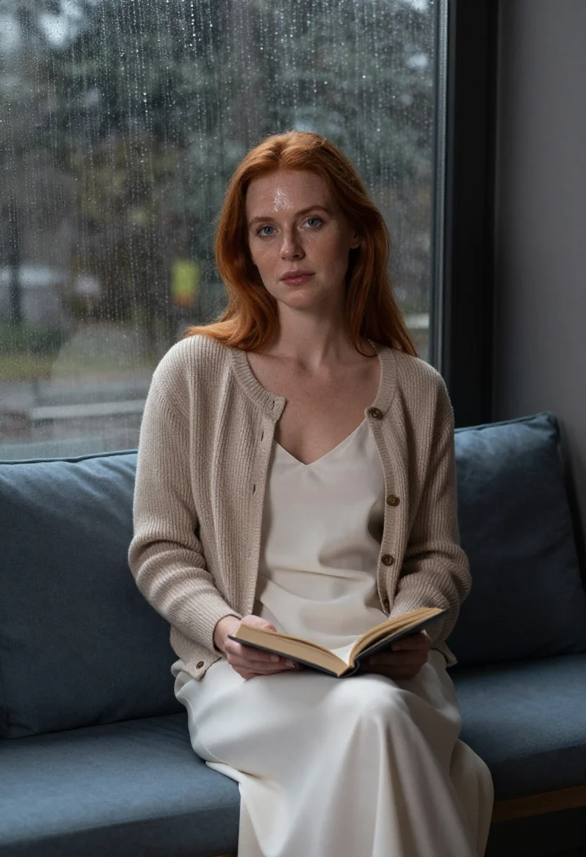 AI window seat rain sample — portrait of a woman, hip-up portrait of a Western-European w