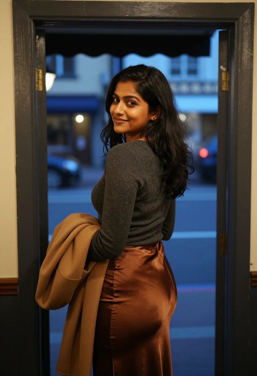 AI wine bar date sample — portrait of a woman, waist-up portrait of a South-Asian woma