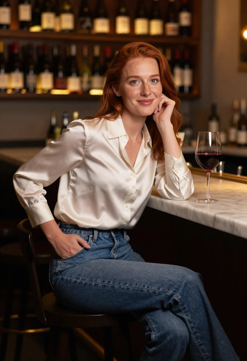 AI wine bar date sample — portrait of a woman, three-quarter-length portrait of a Nort