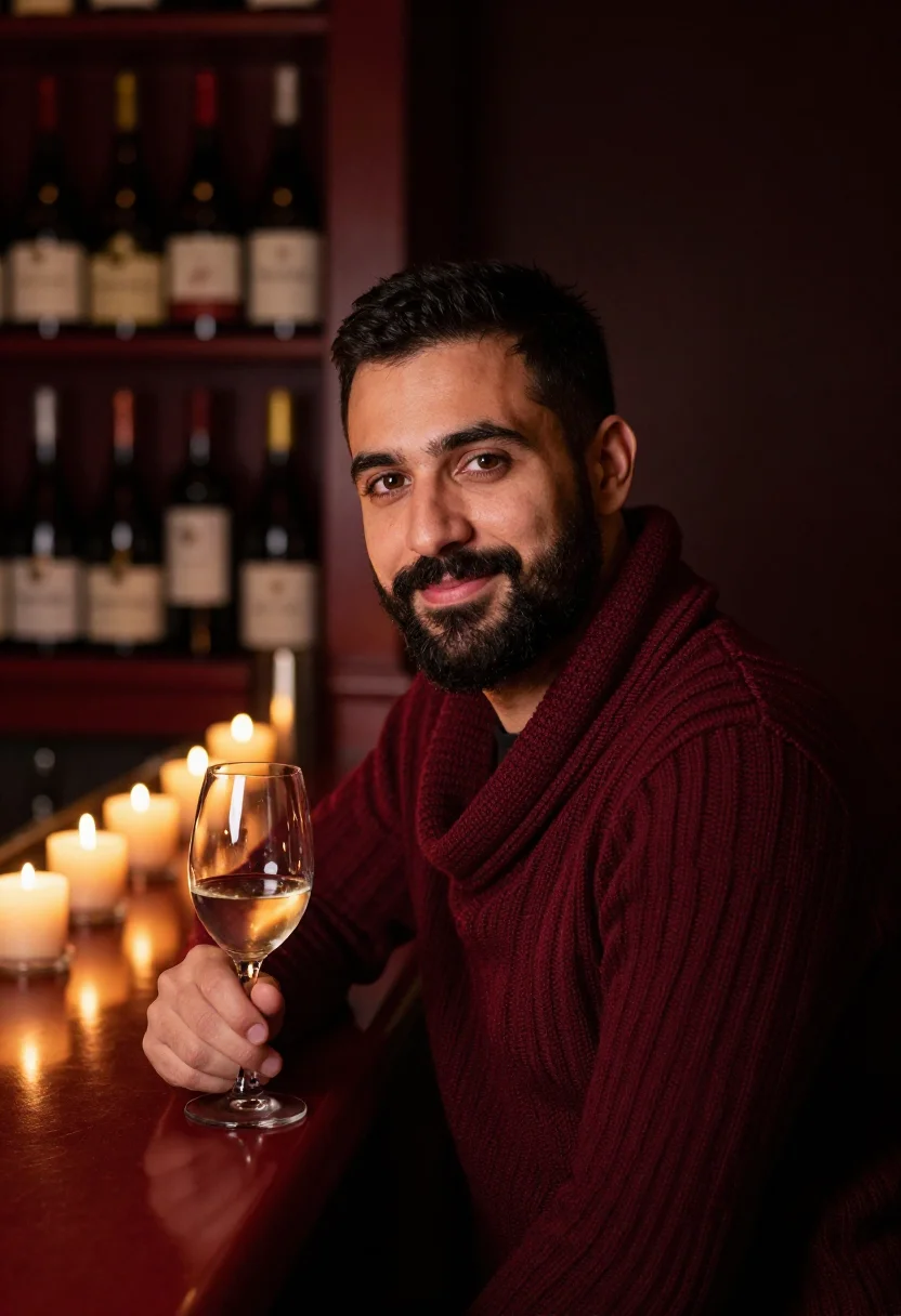 AI wine bar november bordeaux sample — portrait of a man, chest-up portrait of a man in his late th