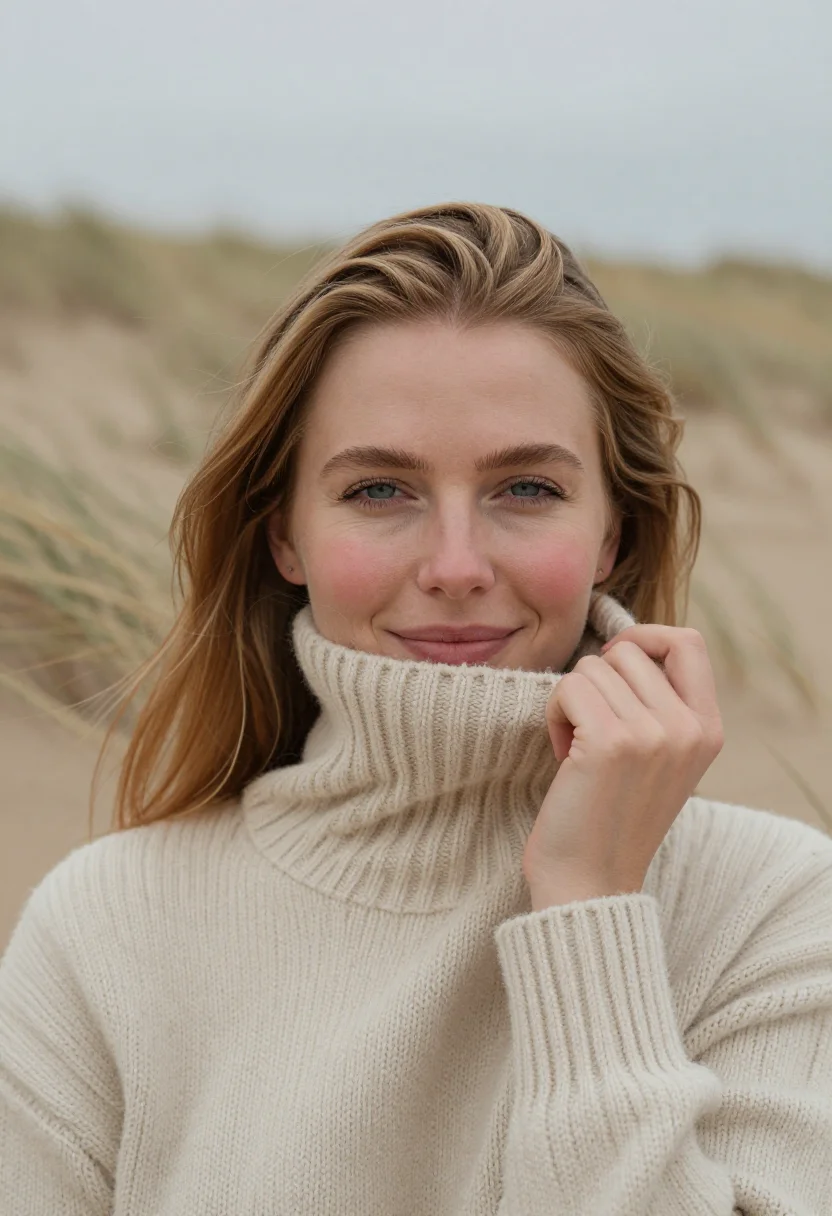 AI winter beach sand sample — portrait of a woman, tight headshot of a woman in her early