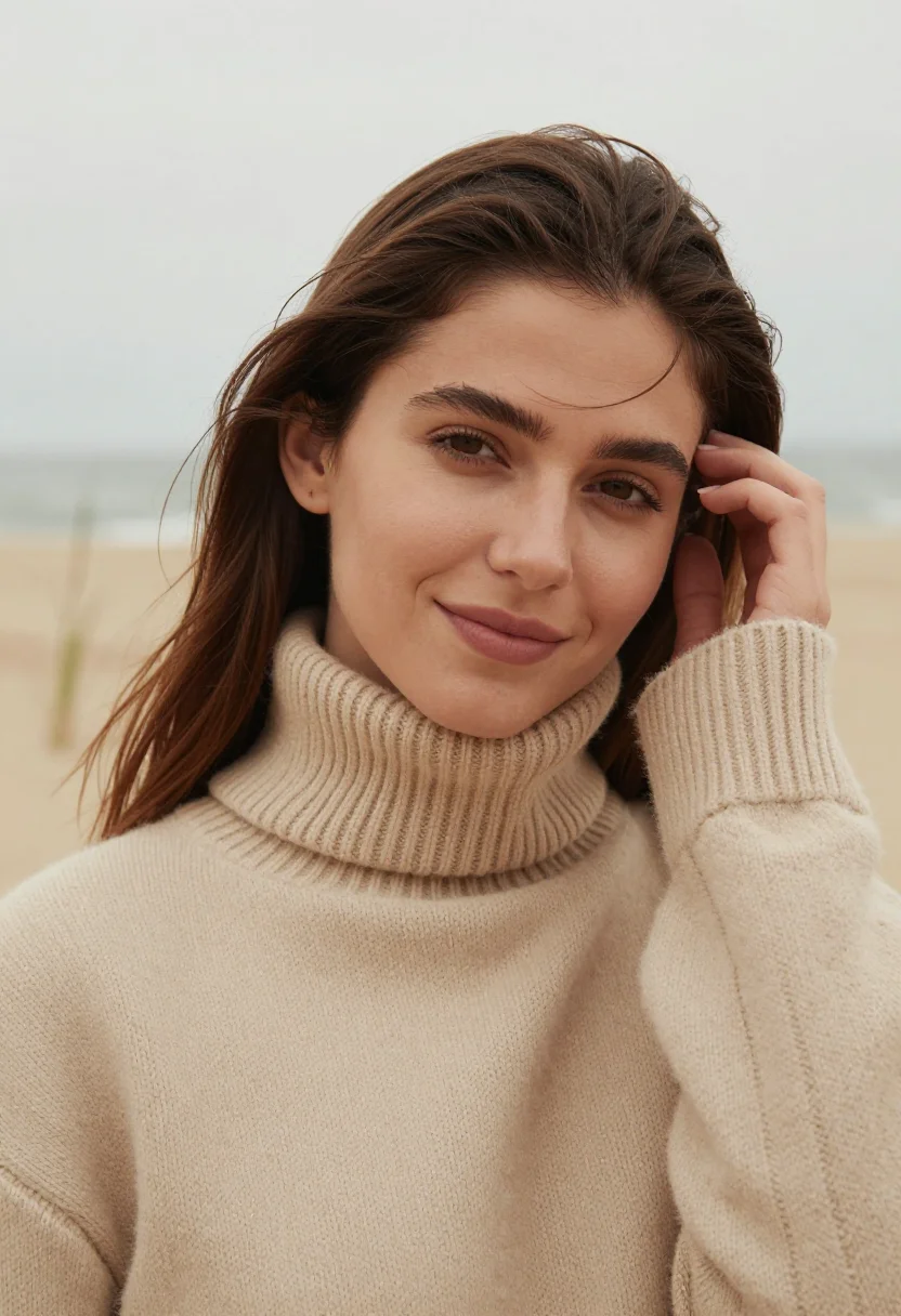 AI winter beach sand sample — portrait of a woman, tight head-and-shoulders portrait of a